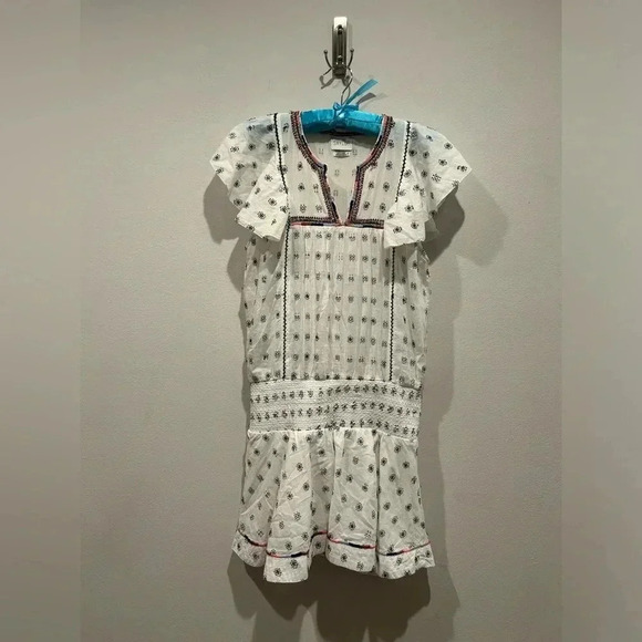 SAYLOR Bohemian White Short Sleeve Smocked Mini Dress / Size Medium - Picture 1 of 7